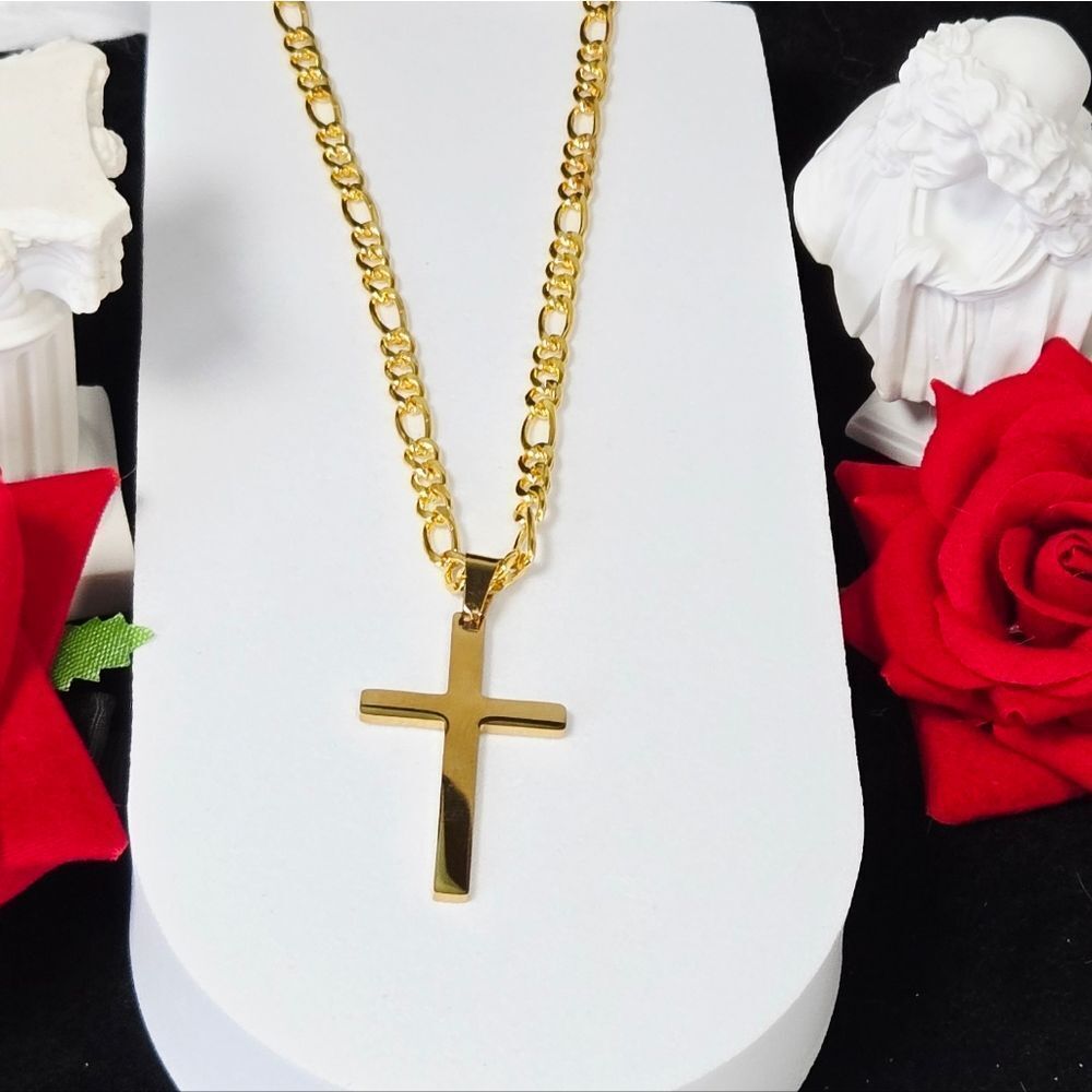 Gold Cross Pendant Figaro Chain Necklace 5mm Stainless Steel Faith Jewelry Gift